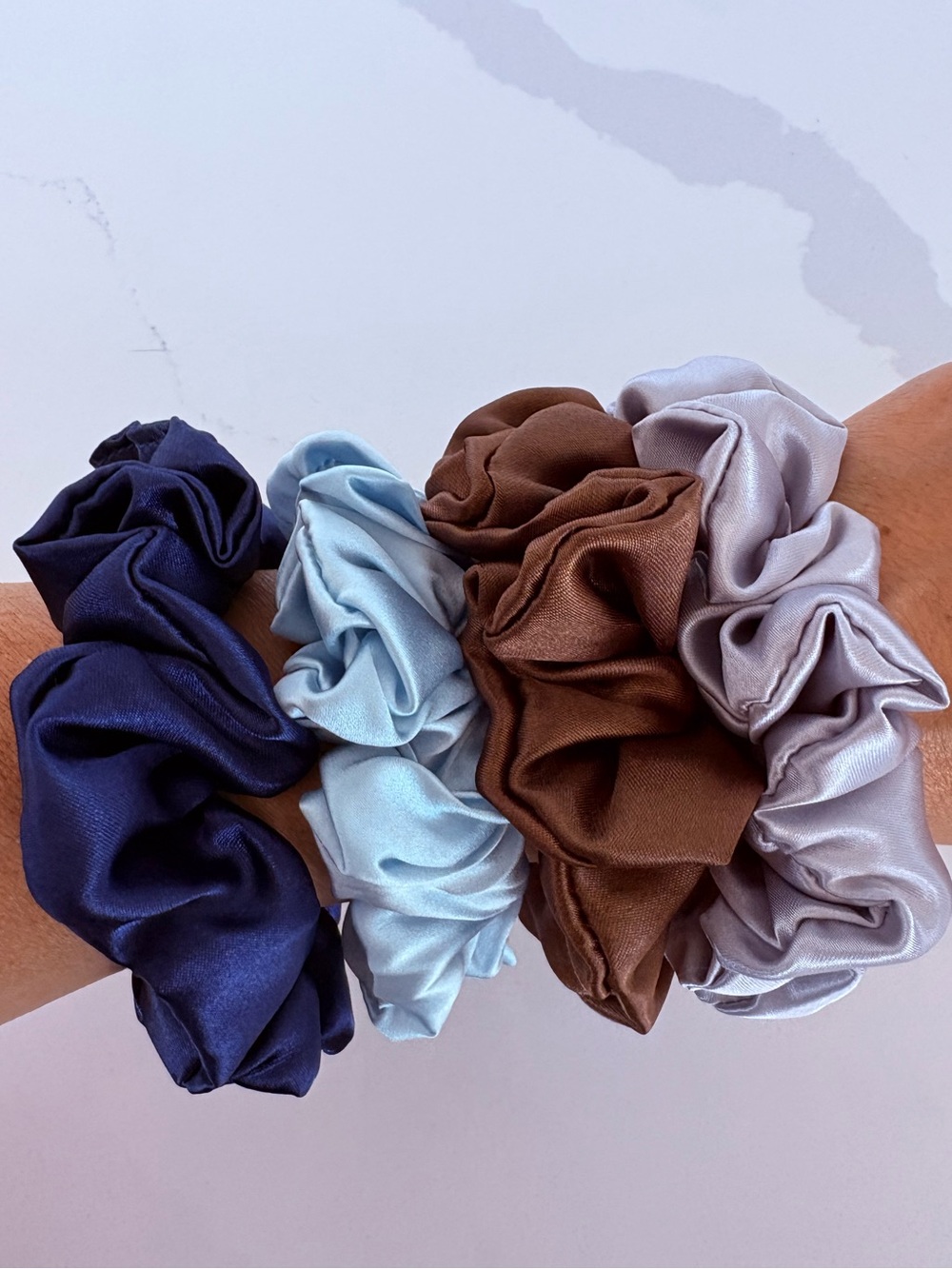 Scrunchies satin set of 4 brown, silver, light blue, navy blue new